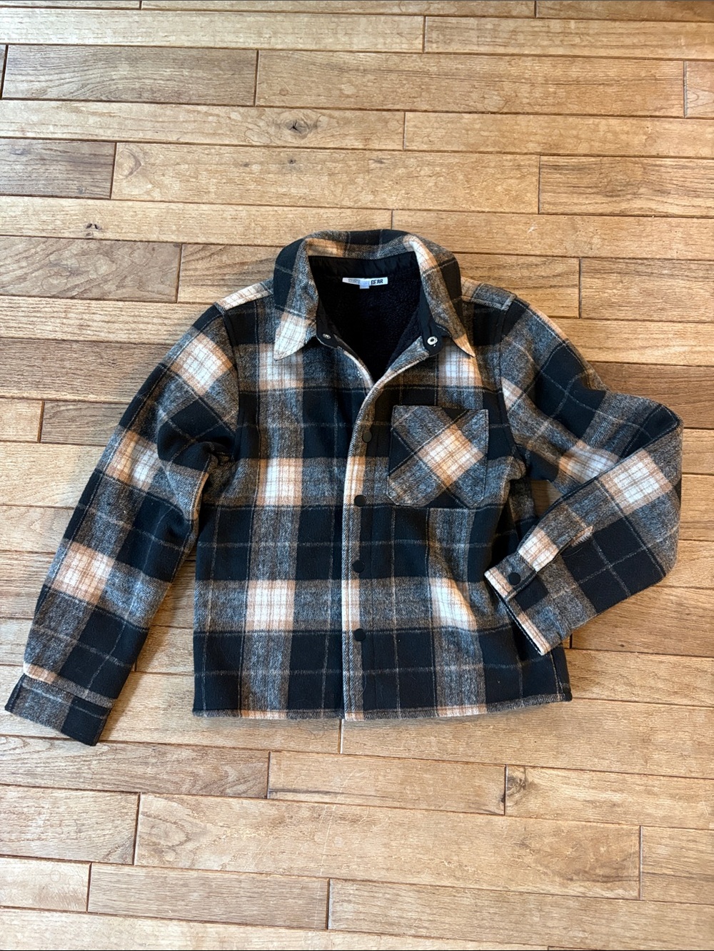 Plaid Sherpa-Lined Jacket in Black & Tan